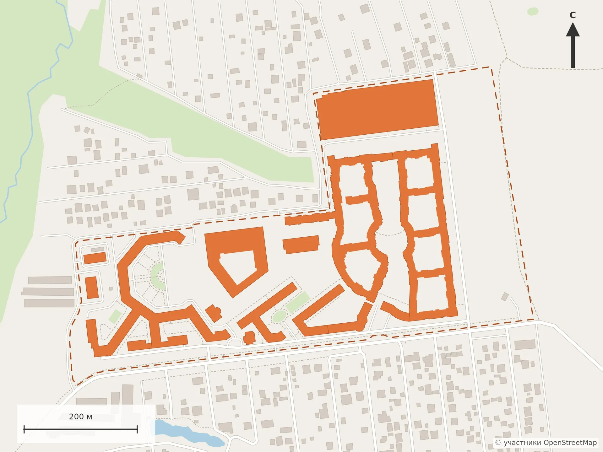 Схема OpenStreetMap: квартал «Римский» в Развилке — корпуса, школа и паркинг (выделены), граница квартала пунктиром, Римский проезд