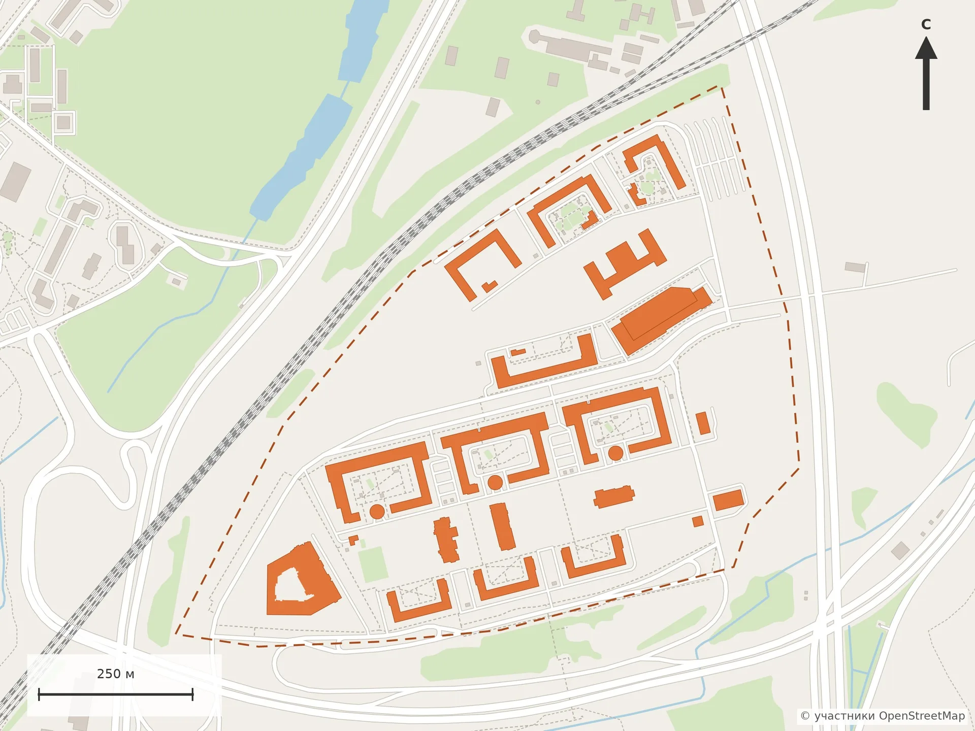 Схема OpenStreetMap: жилой район «Южная Битца» — корпуса, школы и детские сады (выделены), граница участка пунктиром, Варшавское шоссе, железная дорога D2 и ЮВХ