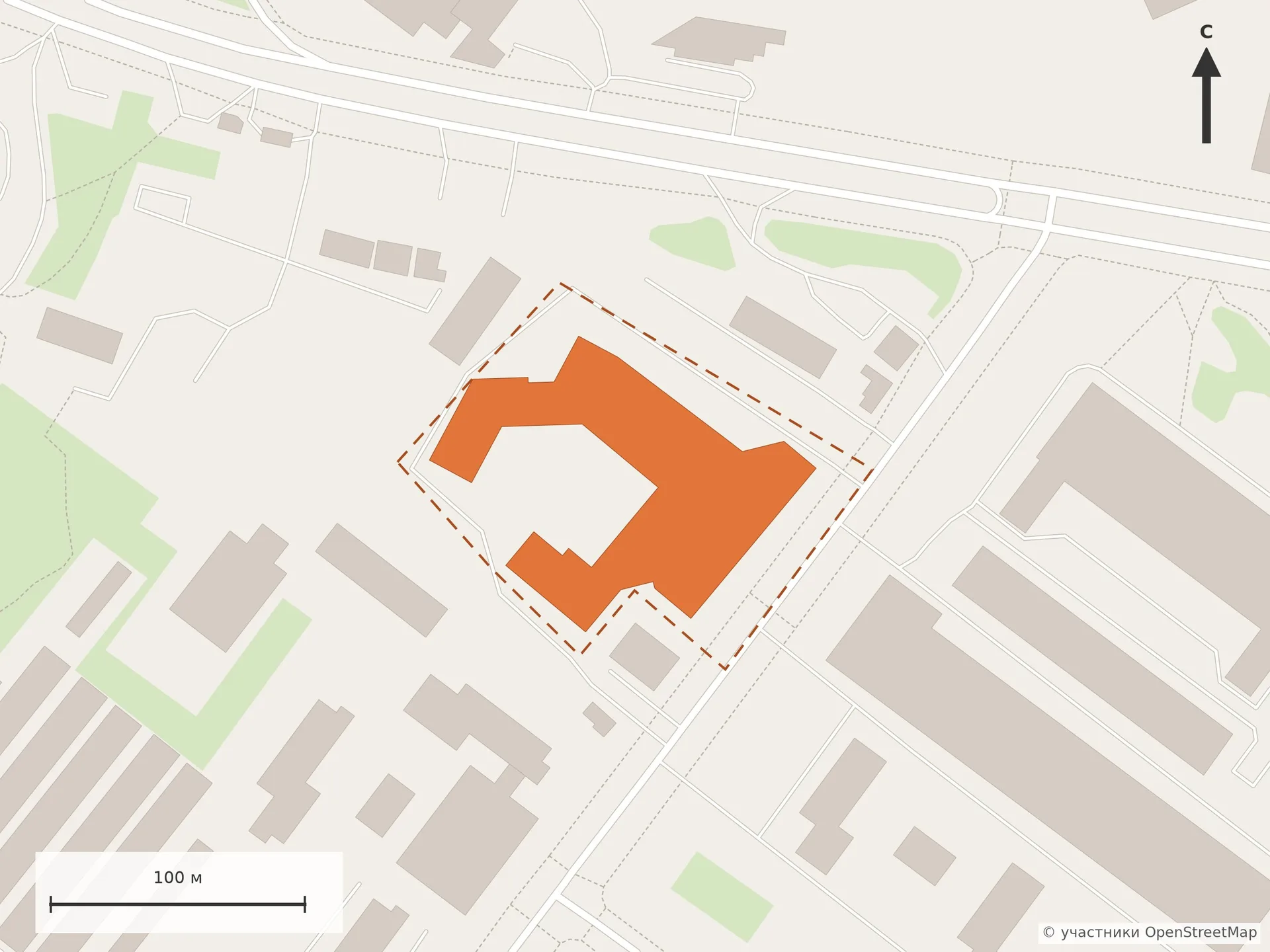 Схема OpenStreetMap: ЖК «Архитектор» на ул. Академика Волгина — здание комплекса (выделено) и граница участка пунктиром