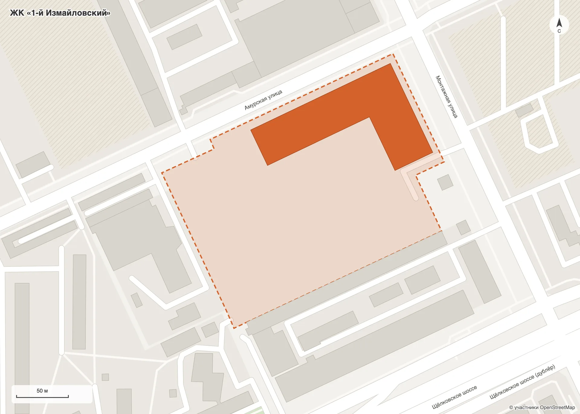 Схема ЖК «1-й Измайловский» по данным OpenStreetMap: участок комплекса обведён пунктиром, первый строящийся дом на углу Амурской и Монтажной улиц выделен цветом