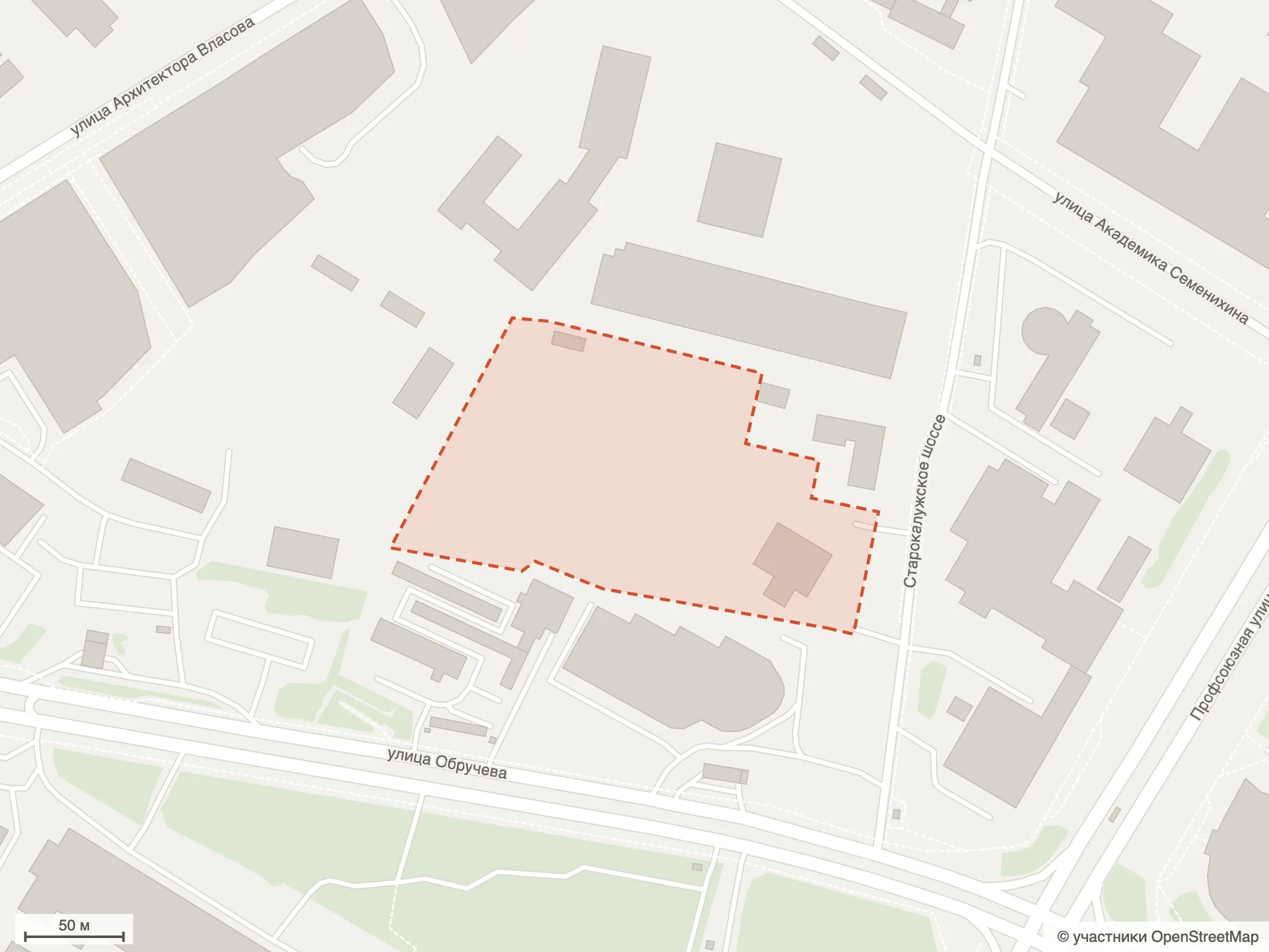 Схема участка ЖК ТАТУМ на карте OpenStreetMap: улица Обручева у Старокалужского шоссе
