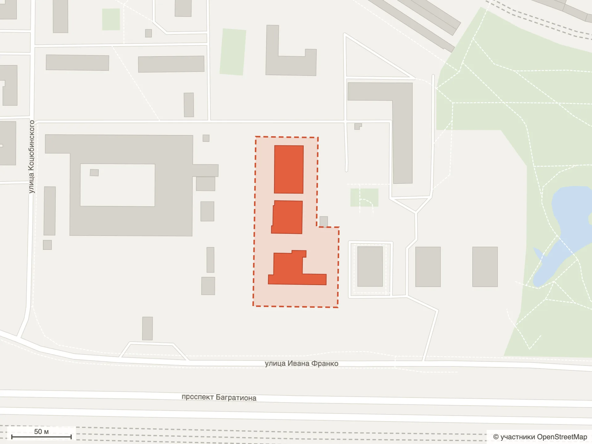 Схема участка ЖК Индиво на карте OpenStreetMap: три корпуса у улицы Ивана Франко