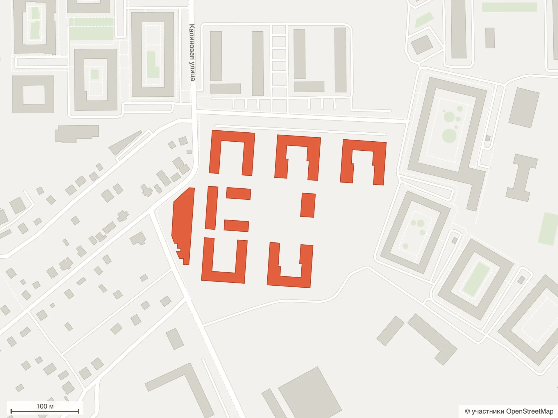 Схема второй очереди «Первого квартала» по данным OpenStreetMap: строящиеся дома 7–13 и паркинг у Калиновой улицы