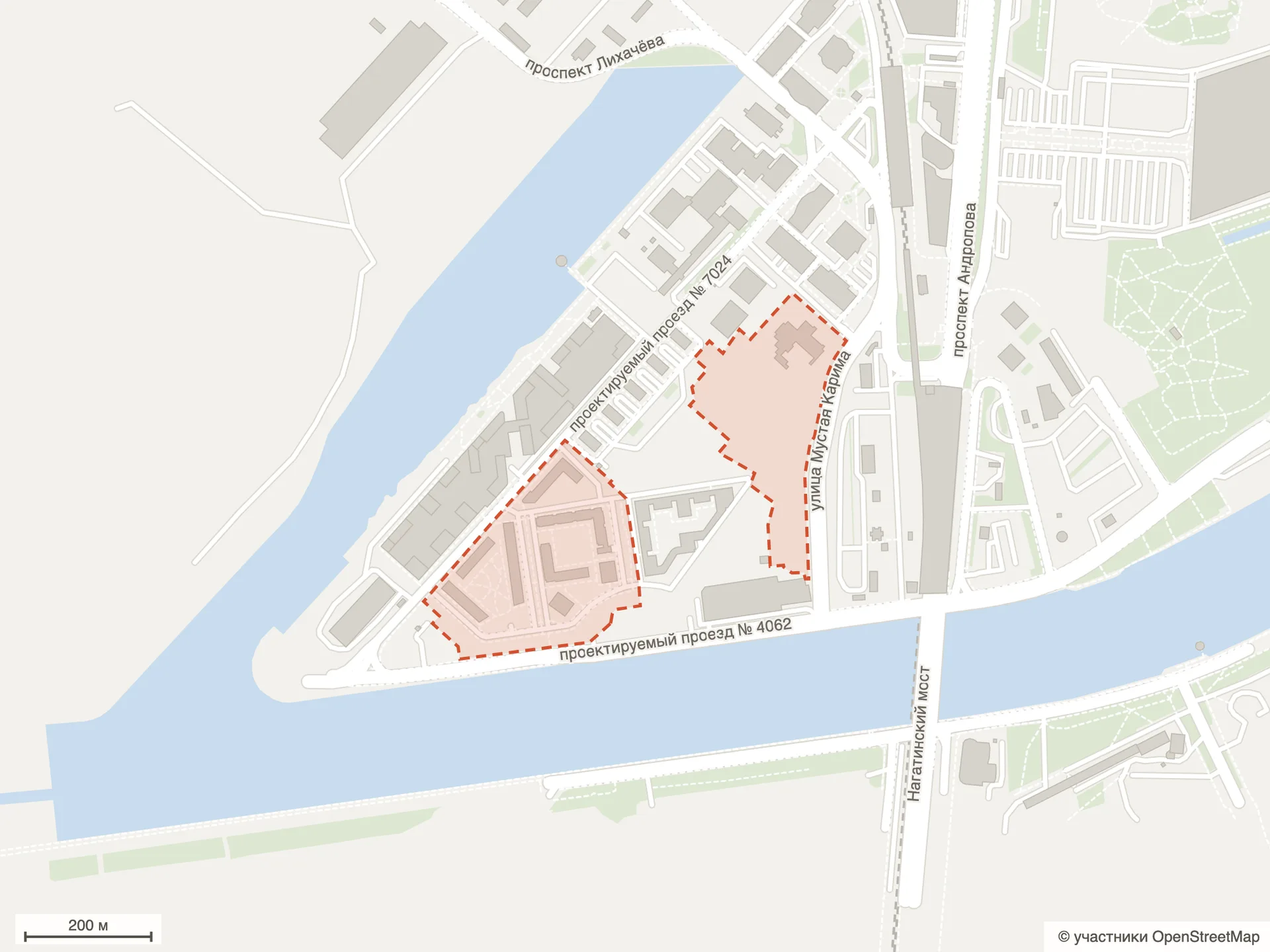Схема ЖК «Нагатино Ай-Лэнд» по данным OpenStreetMap: участки комплекса у Москвы-реки между улицей Мустая Карима и проектируемым проездом № 4062