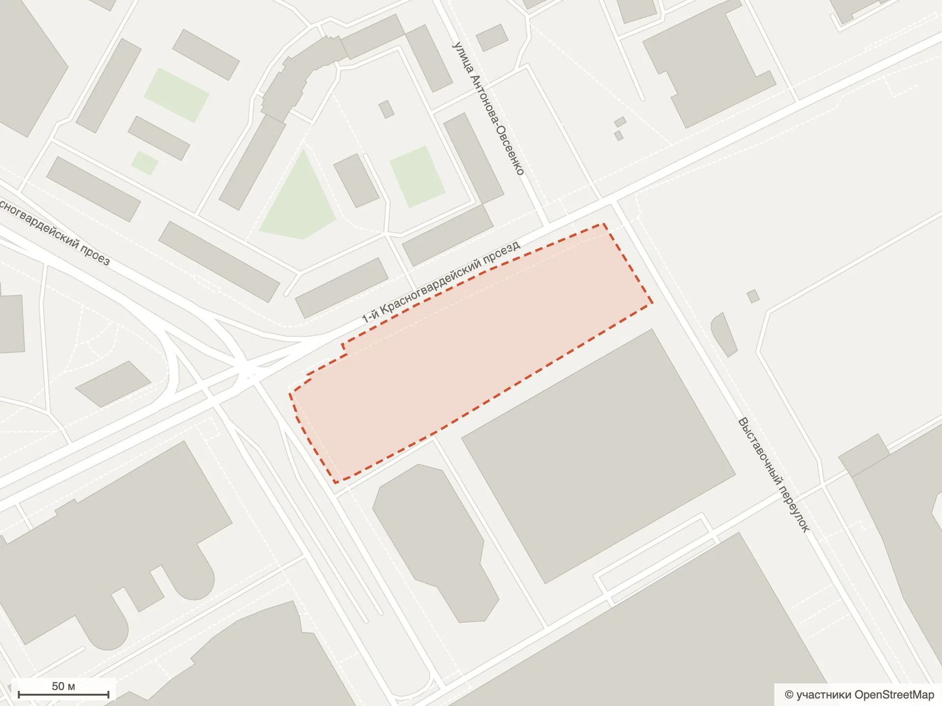 Генплан ЖК «One»: схема по данным OpenStreetMap — стройплощадка башни в «Москва-Сити» между 1-м Красногвардейским проездом и Выставочным переулком