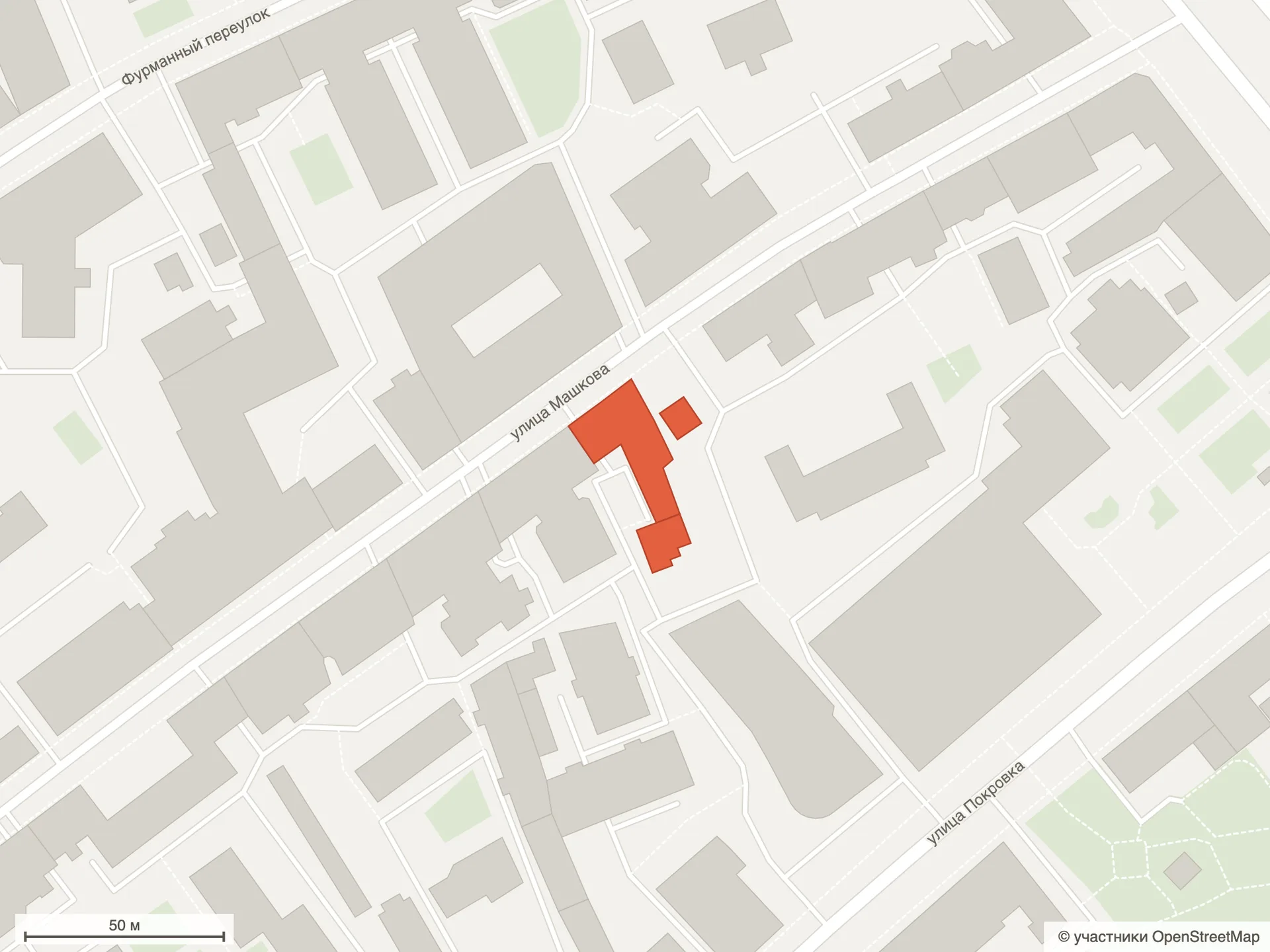 Генплан ЖК «Дом Соболева»: схема по данным OpenStreetMap — участок на улице Машкова, 18 среди окружающих кварталов