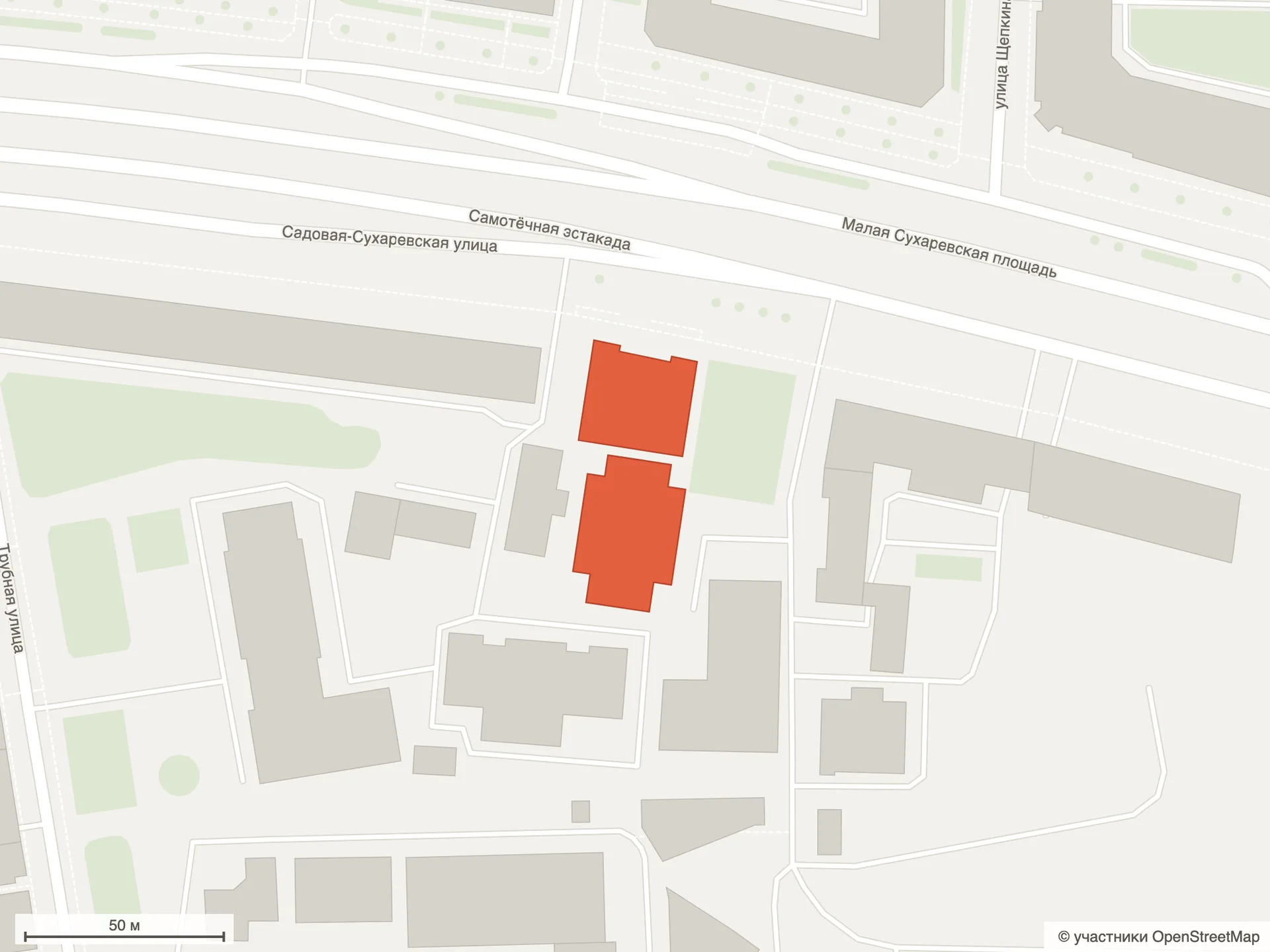 Схема ЖК «FORUM» по данным OpenStreetMap: здание кинотеатра «Форум» и стройплощадка башни на Садовой-Сухаревской улице, 14