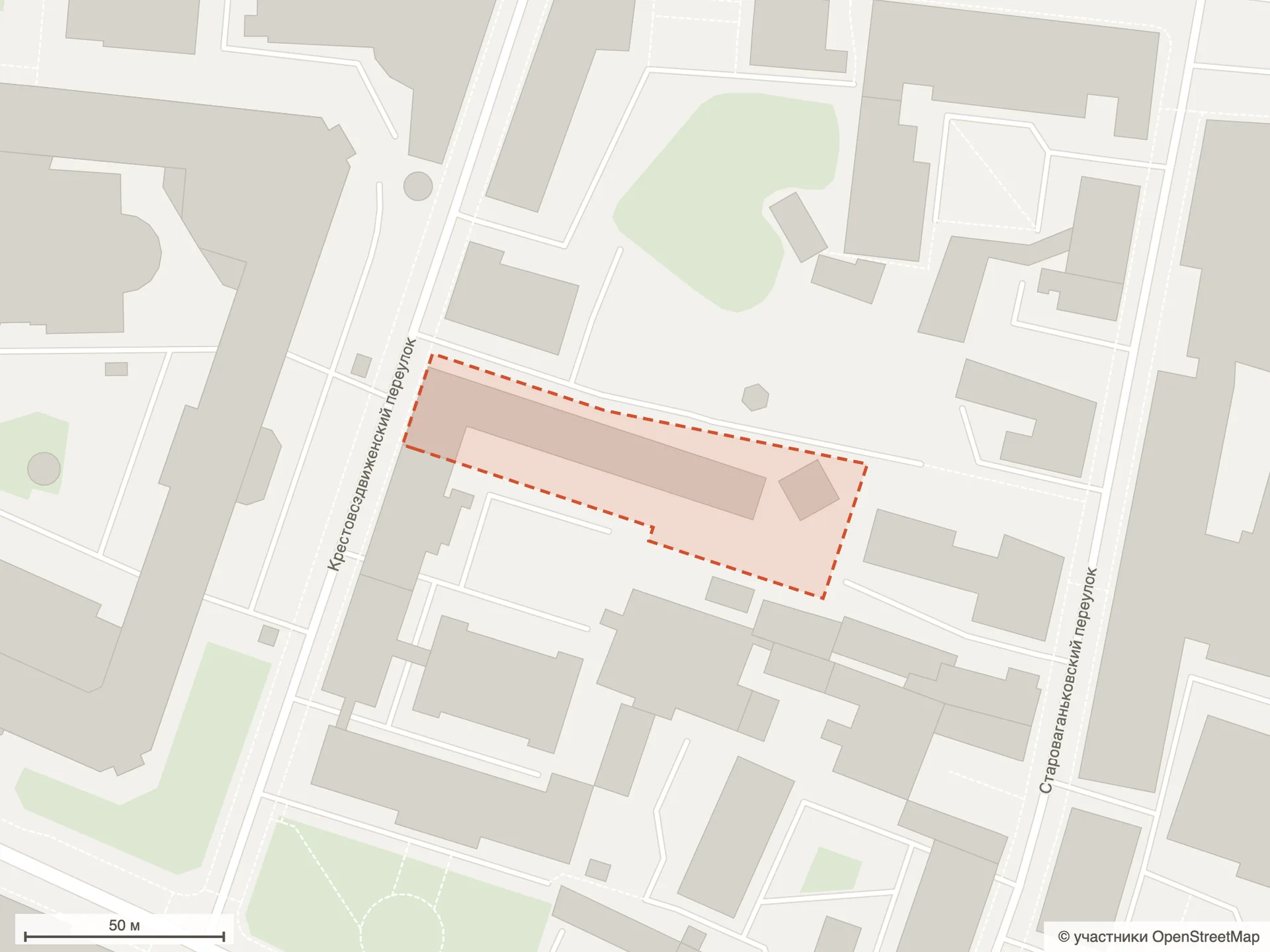 Схема клубного дома «LUCE» по данным OpenStreetMap: участок между Крестовоздвиженским и Староваганьковским переулками