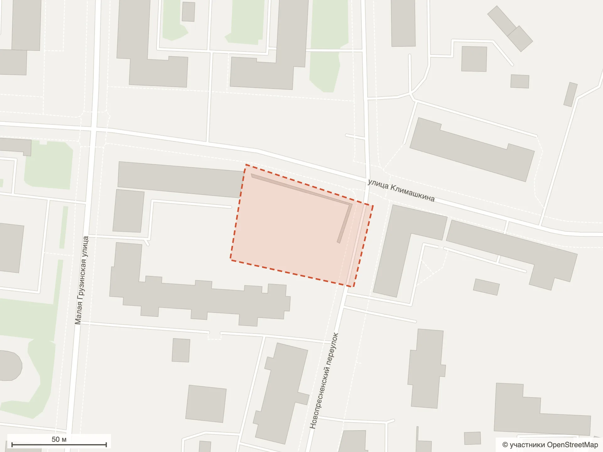 Генплан ЖК «Климашкина»: схема по данным OpenStreetMap — стройплощадка на углу улицы Климашкина и Новопресненского переулка