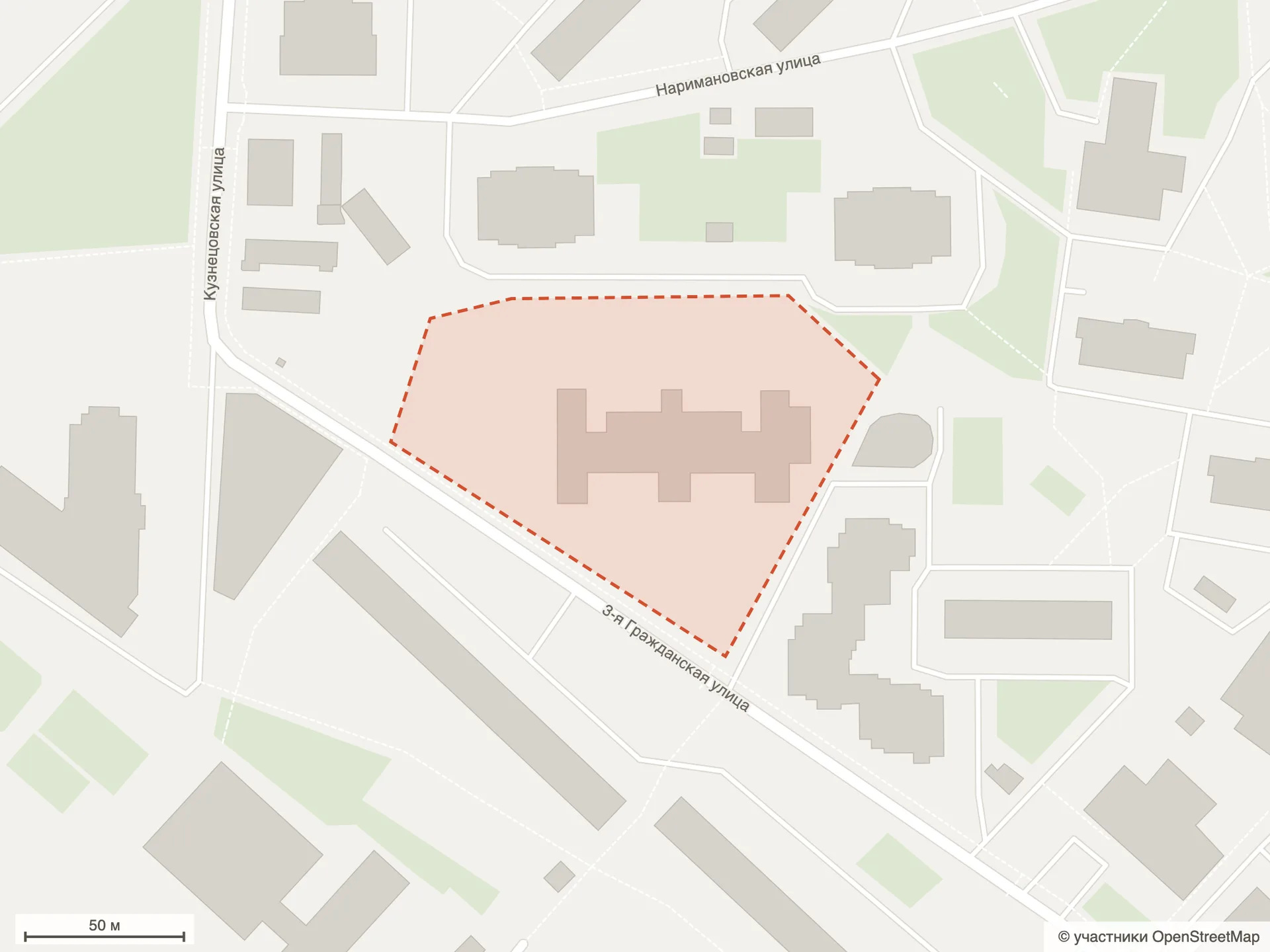 Генплан ЖК «Соколин Парк»: схема по данным OpenStreetMap — участок строительства на 3-й Гражданской улице между Наримановской и Кузнецовской улицами