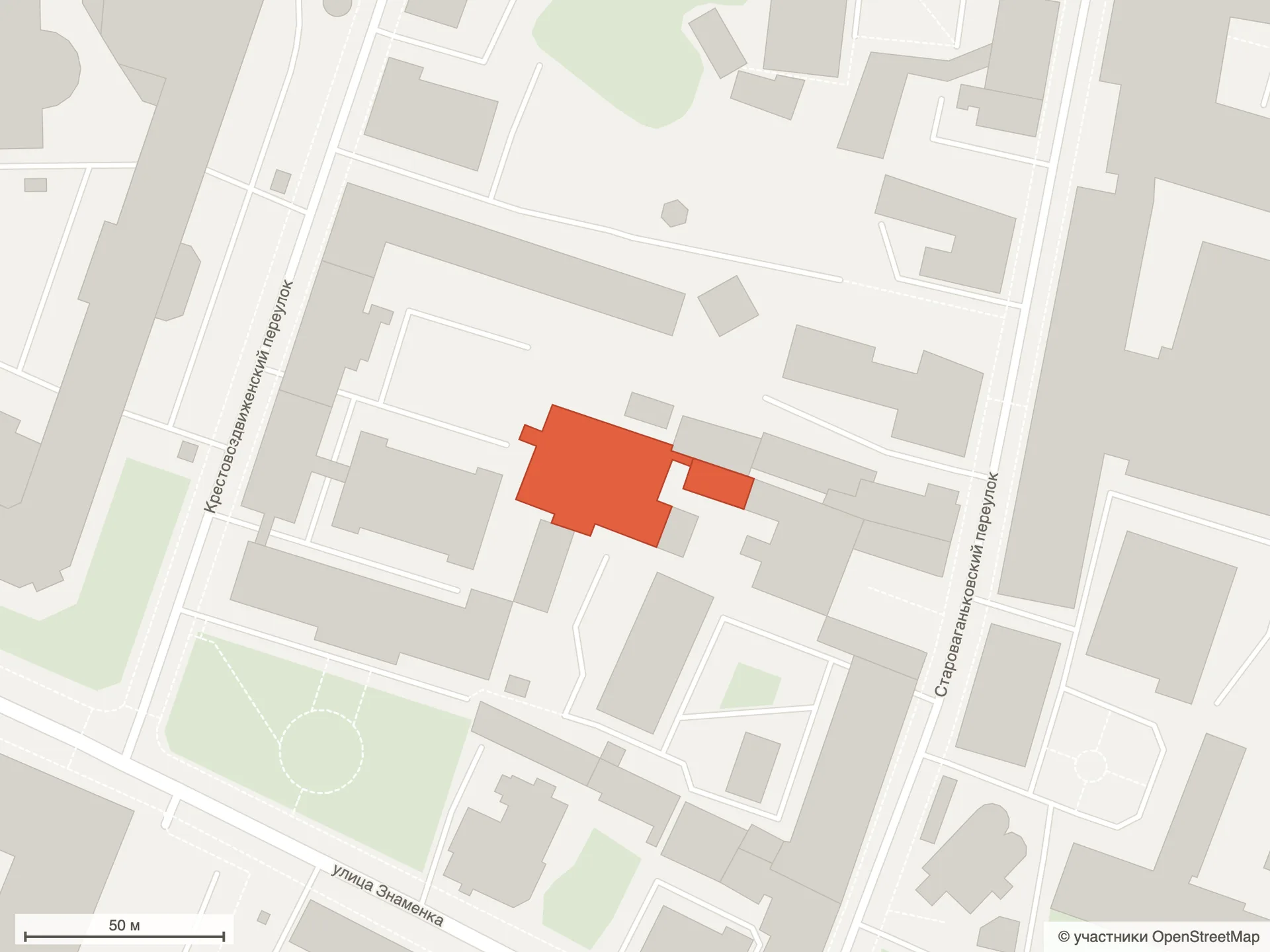 Генплан ЖК «Clos 17»: схема по данным OpenStreetMap — здания в Староваганьковском переулке, 17 внутри квартала