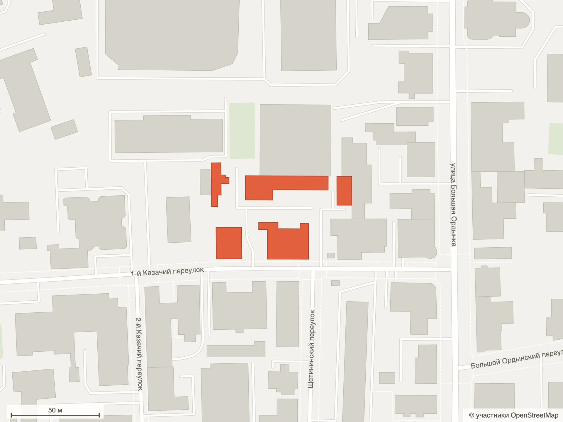 Схема клубного дома «Казачий» по данным OpenStreetMap: строения 1-го Казачьего переулка, 6, между Большой и Малой Ордынкой