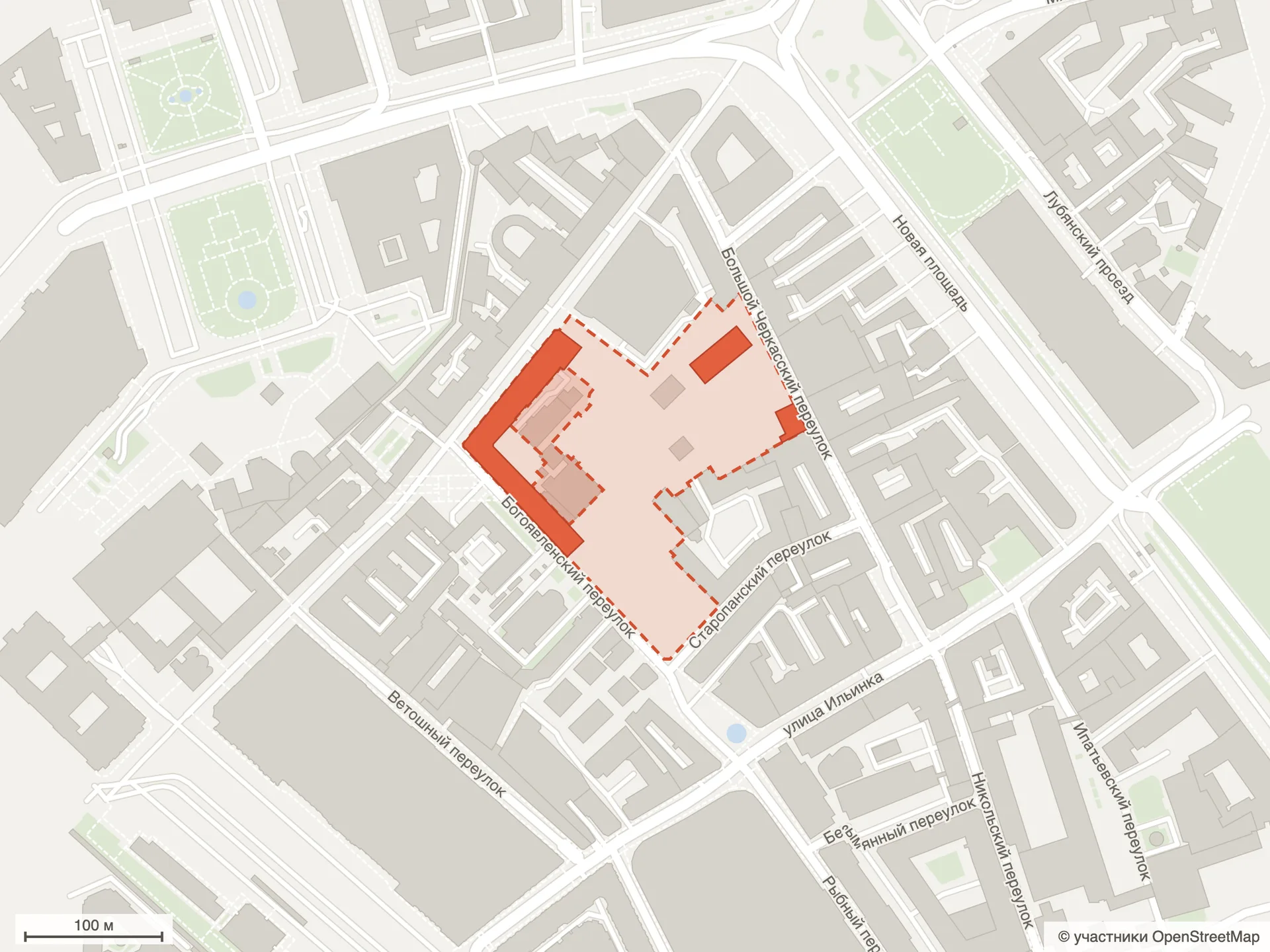 Схема квартала «Nicole» по данным OpenStreetMap: участок между Богоявленским, Большим Черкасским и Старопанским переулками у Никольской улицы