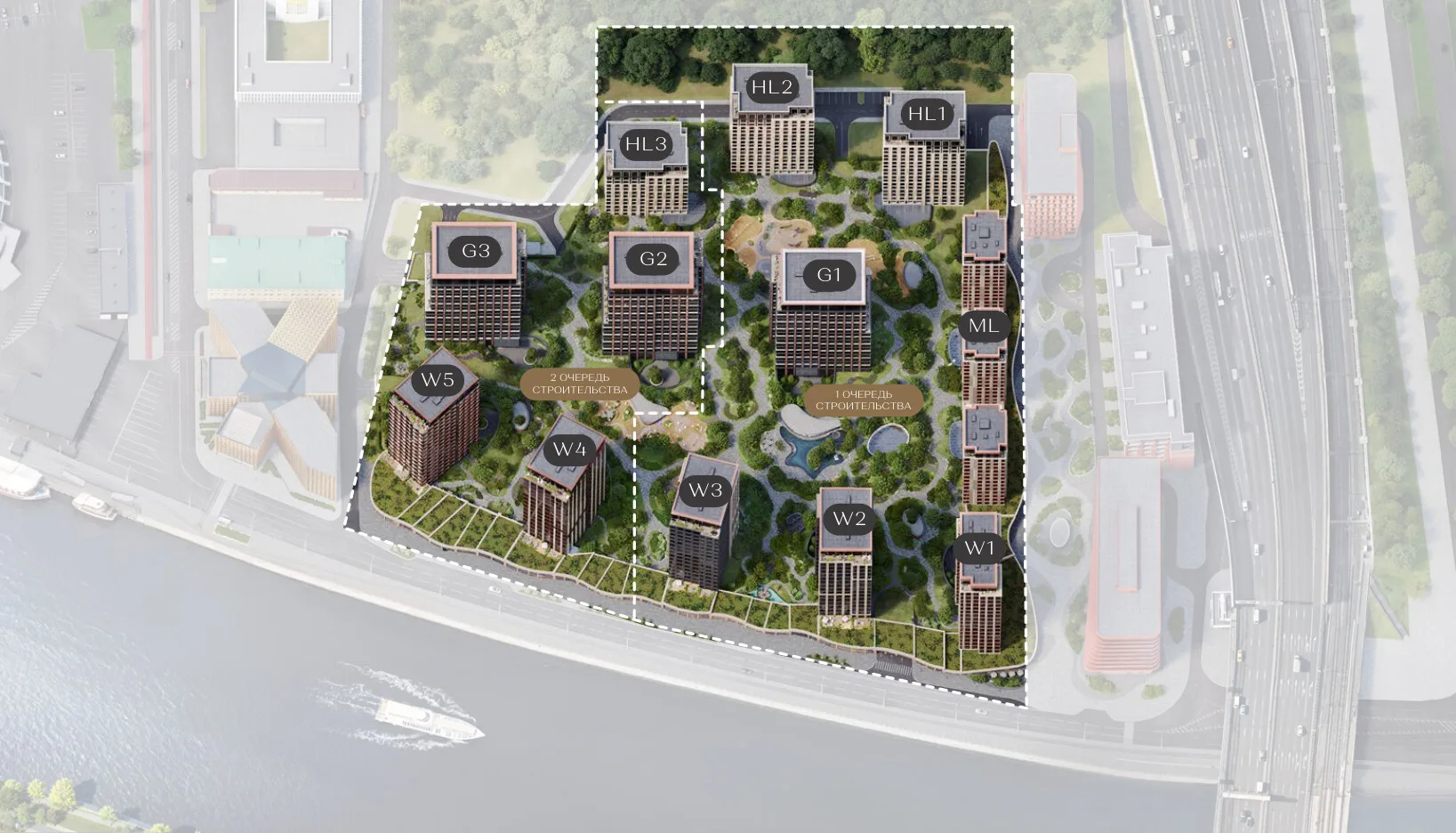 Генплан ЖК «Коллекция Лужники»: вид сверху на 12 клубных домов Waterfront, Garden, Highline и Mountain Line в частном парке на Лужнецкой набережной, границы 1-й и 2-й очередей