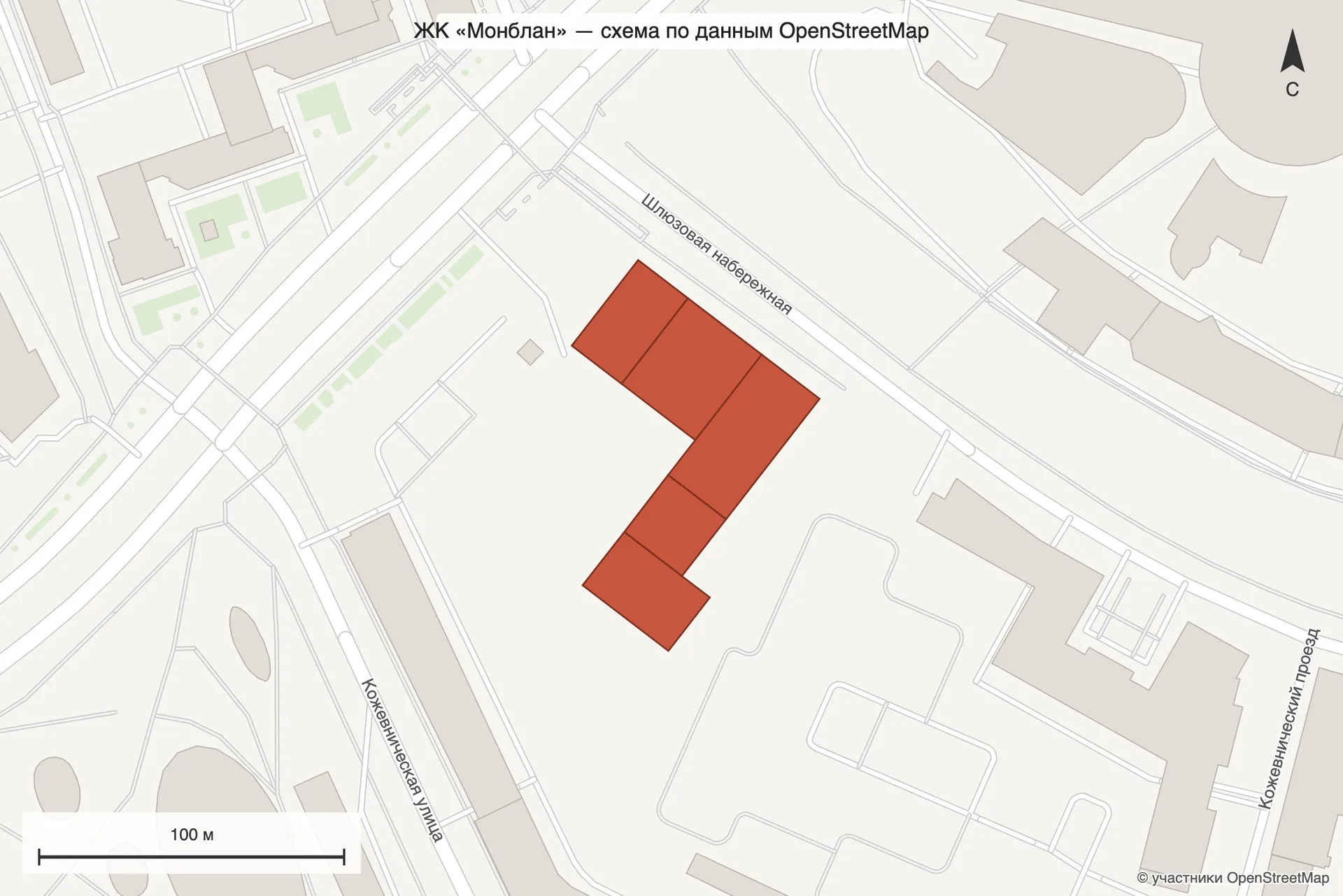 Схема OpenStreetMap: строящиеся корпуса «Монблана» у Шлюзовой набережной, улицы и соседние здания, масштаб 100 м