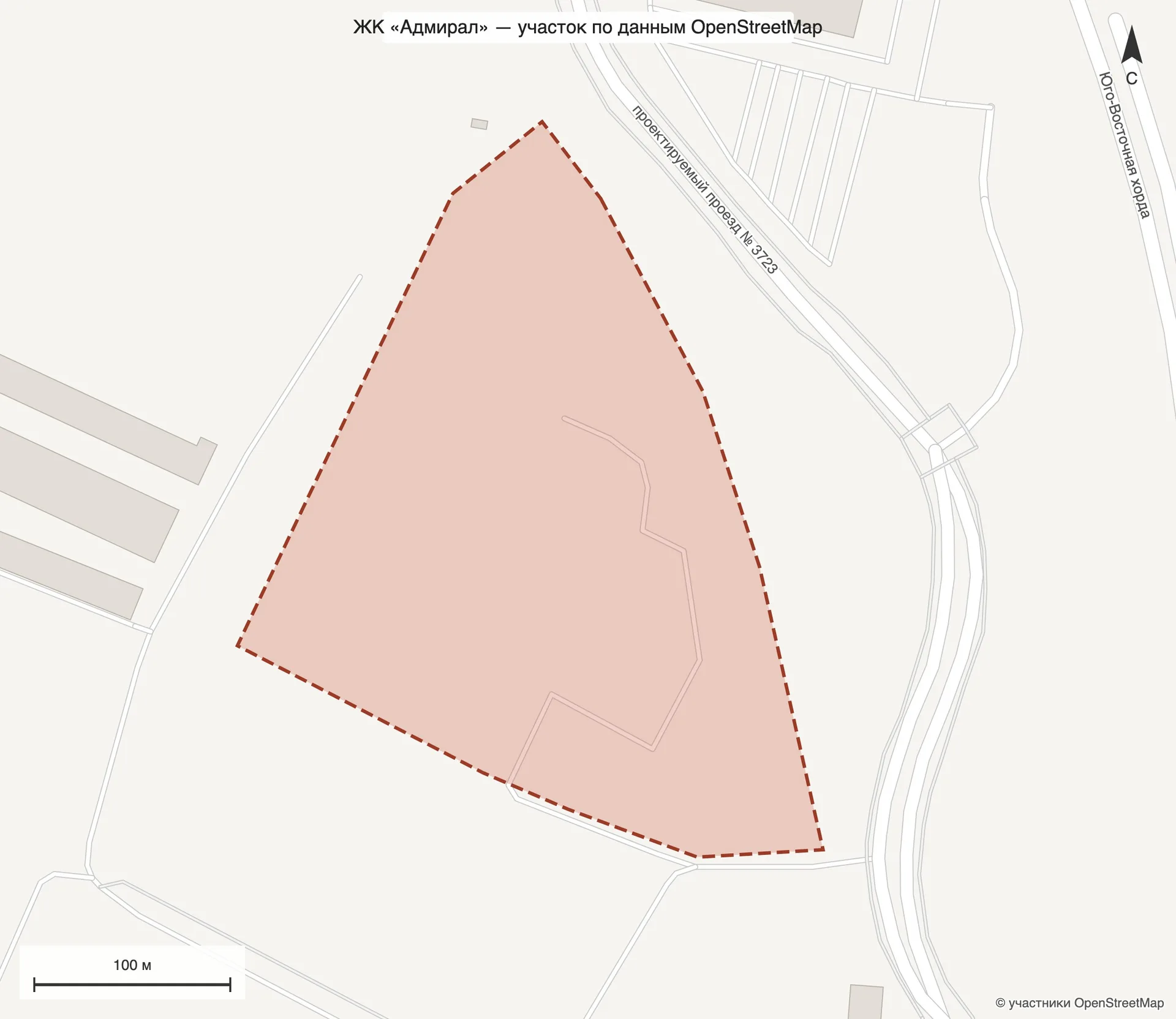 Схема OpenStreetMap: участок ЖК «Адмирал» между проектируемым проездом № 3723 и промзоной, рядом Юго-Восточная хорда, масштаб 100 м