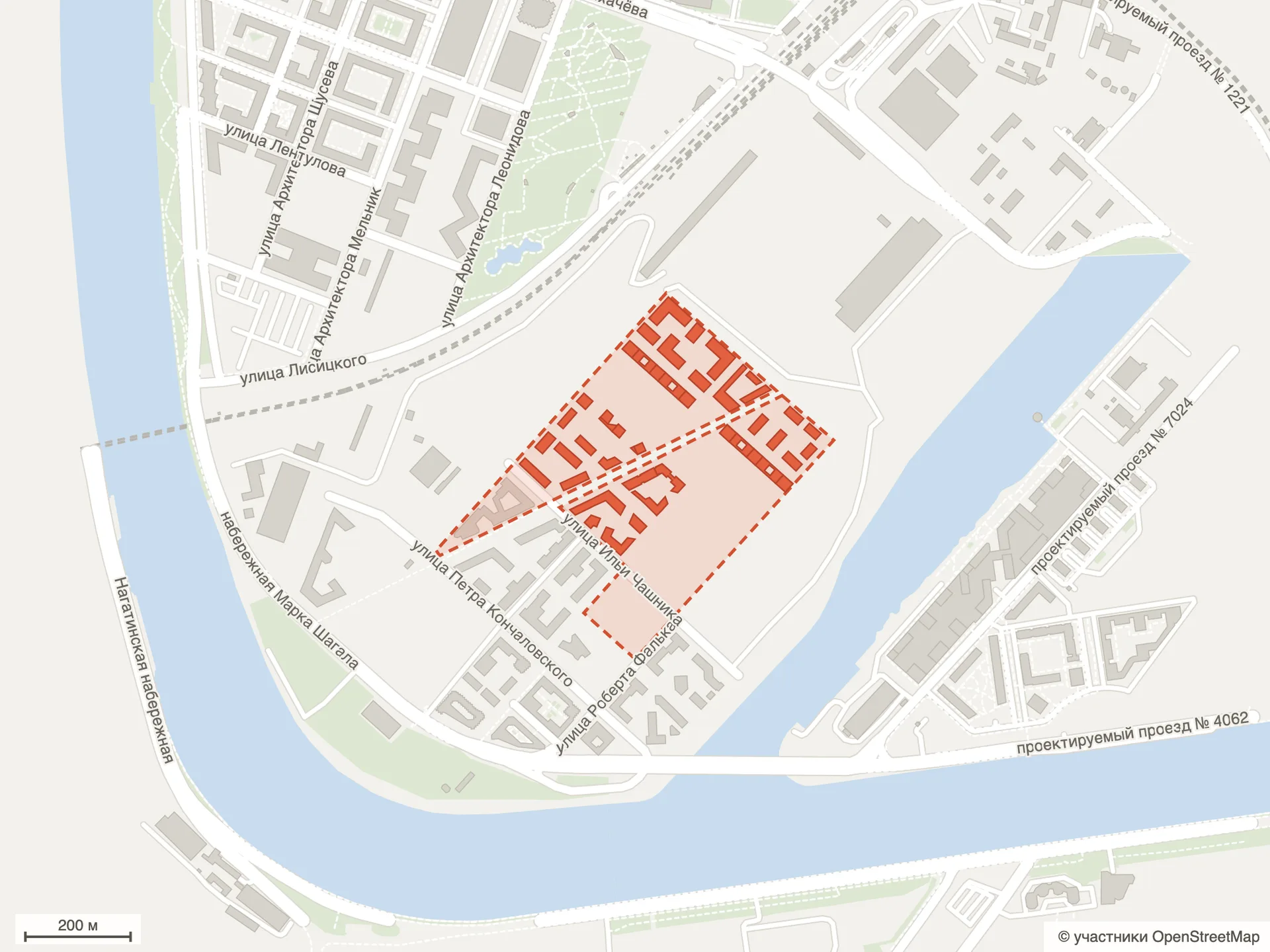 Схема квартала «Шагал» по данным OpenStreetMap: корпуса 3-й и 4-й очередей между улицами Ильи Чашника и Роберта Фалька в излучине Москвы-реки