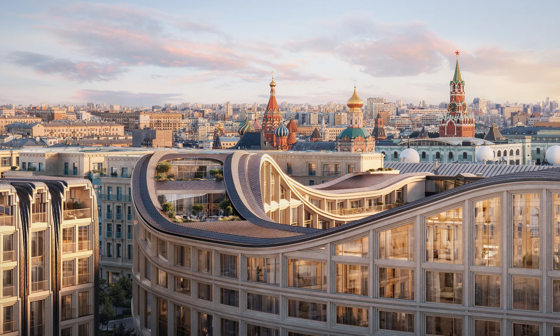 ЖК Николь — здание на закате с видом на купола центра Москвы