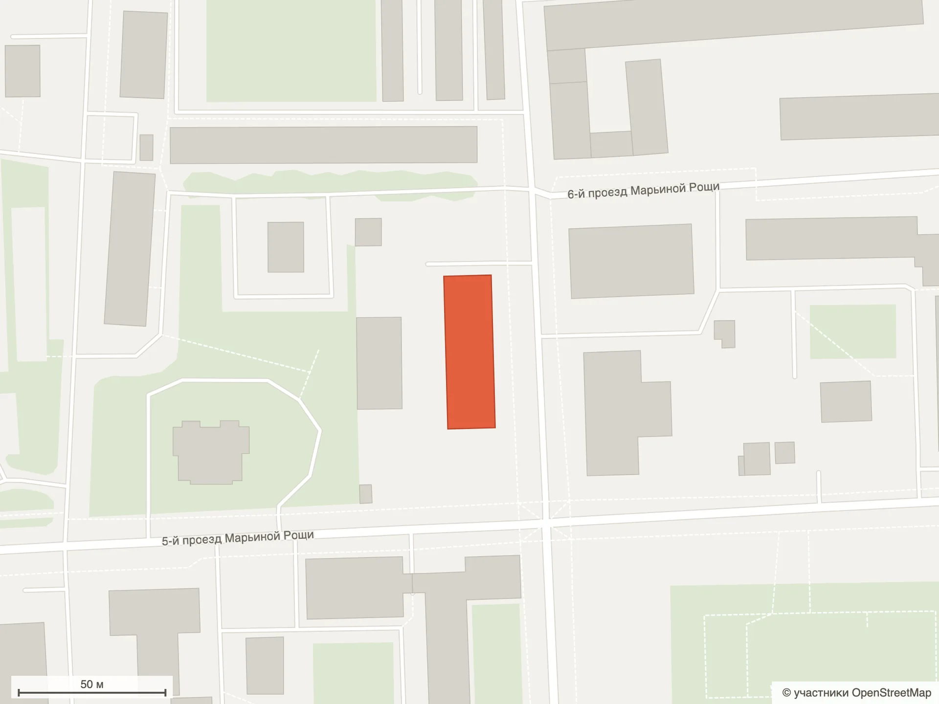 Схема ЖК «Мариин Парк» по данным OpenStreetMap: участок на Октябрьской улице, 103, между 5-м и 6-м проездами Марьиной Рощи