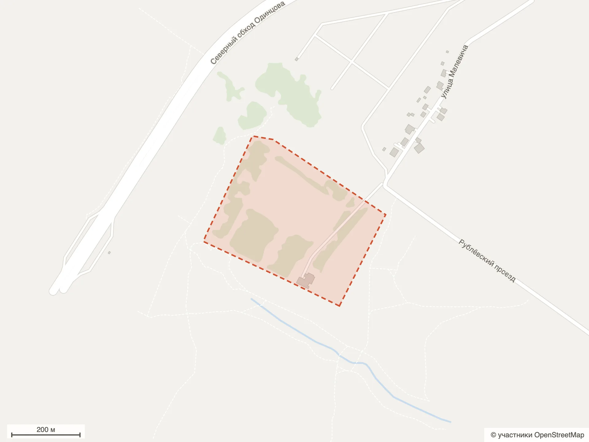 Генплан ЖК «Гранель Притяжение Сити»: схема по данным OpenStreetMap — участок строительства в Немчиновке между Северным обходом Одинцова и Рублёвским проездом
