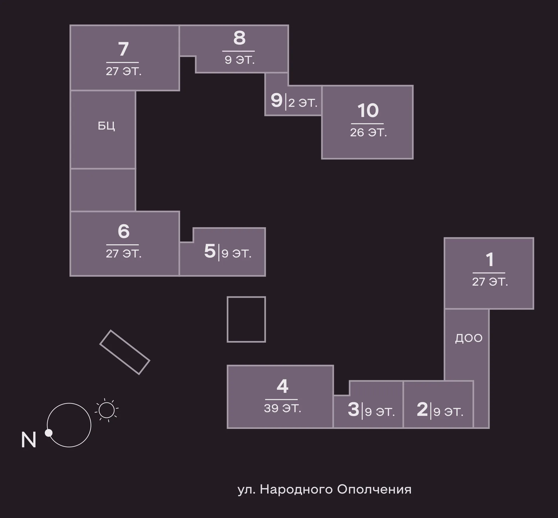 Схема застройки ЖК «Мнёвники от Гранель»: корпуса 1–10 с этажностью от 2 до 39 этажей, бизнес-центр и детский сад вокруг двора у улицы Народного Ополчения