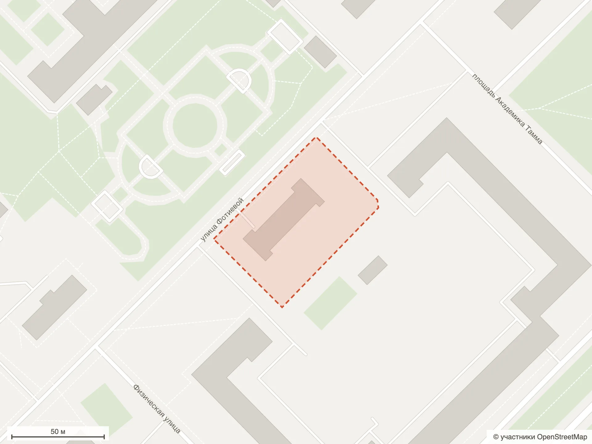 Схема ЖК «Резиденция Омега» по данным OpenStreetMap: стройплощадка на улице Фотиевой у площади Академика Тамма