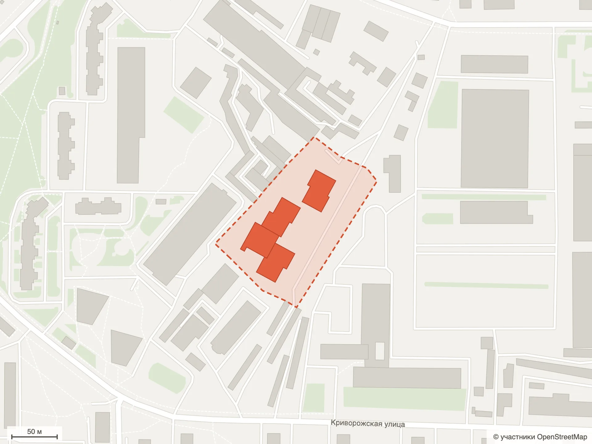 Схема участка ЖК Твелв на карте OpenStreetMap: три корпуса у Электролитного проезда