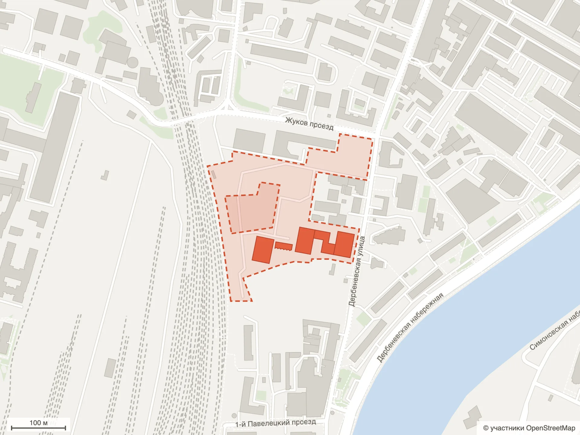 Схема участка ЖК ЭРА на карте OpenStreetMap: корпуса на Дербеневской улице
