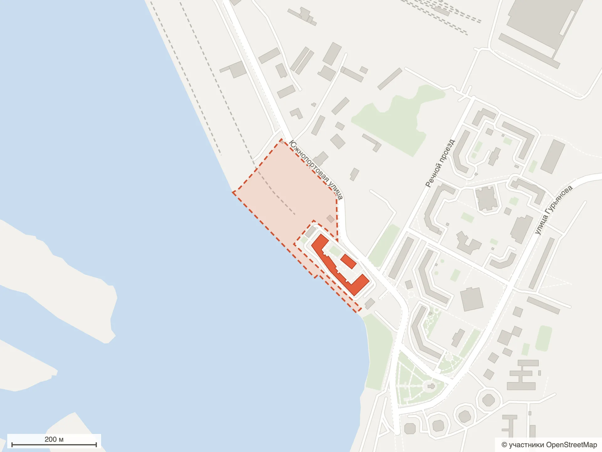 Схема участка ЖК Портленд на карте OpenStreetMap: берег Москвы-реки у Южнопортовой улицы