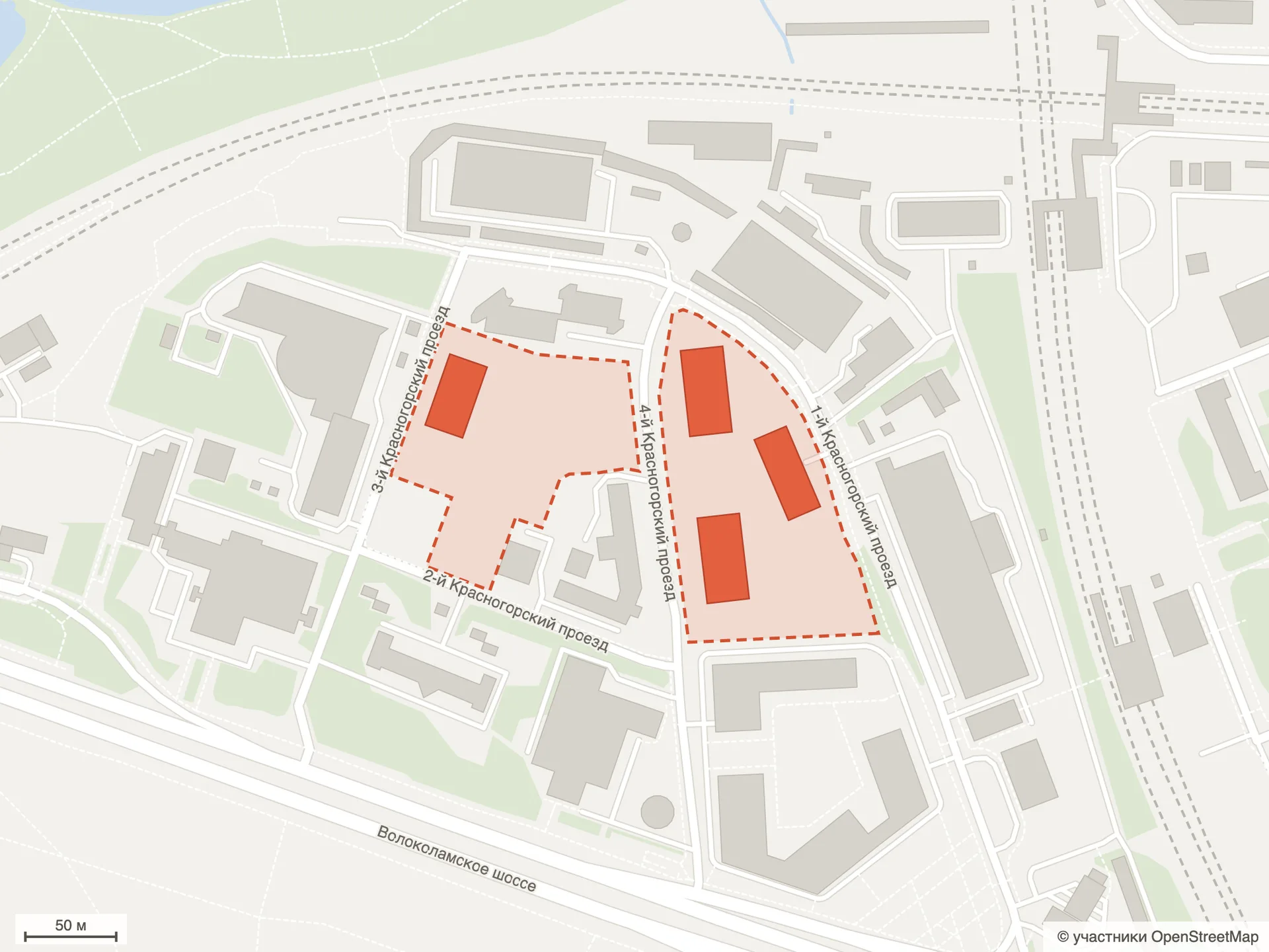 Схема участков ЖК Моментс на карте OpenStreetMap: корпуса между Красногорскими проездами